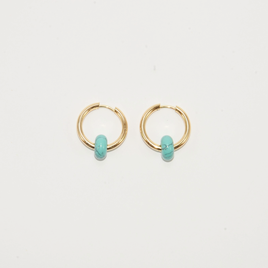 Gold plated hoop earrings with a stone bead - turquoise