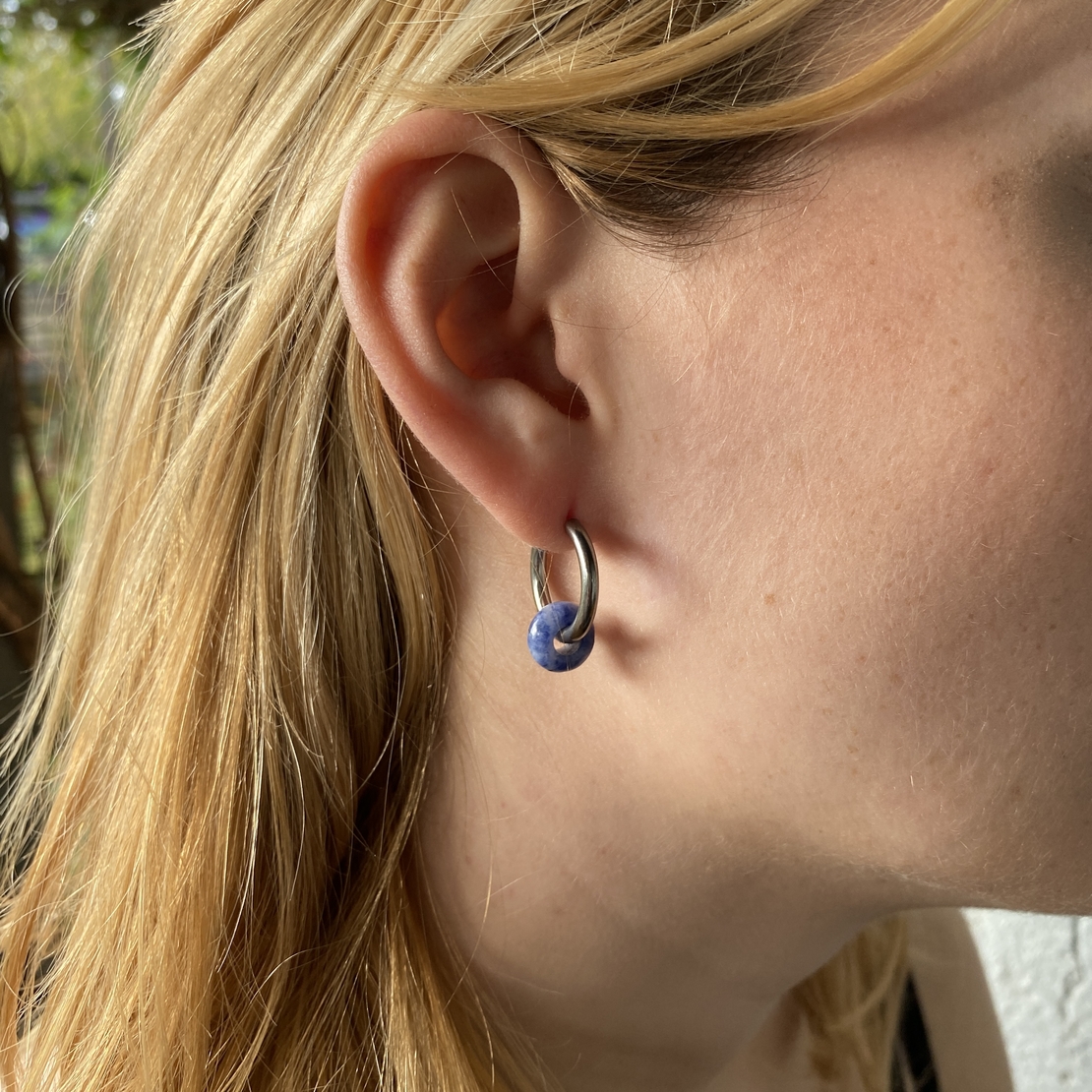 Silver plated hoop earrings with a stone bead - sky blue