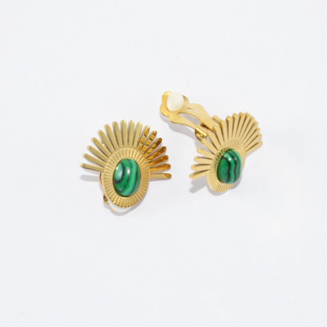 Clip earrings with green malachite stone