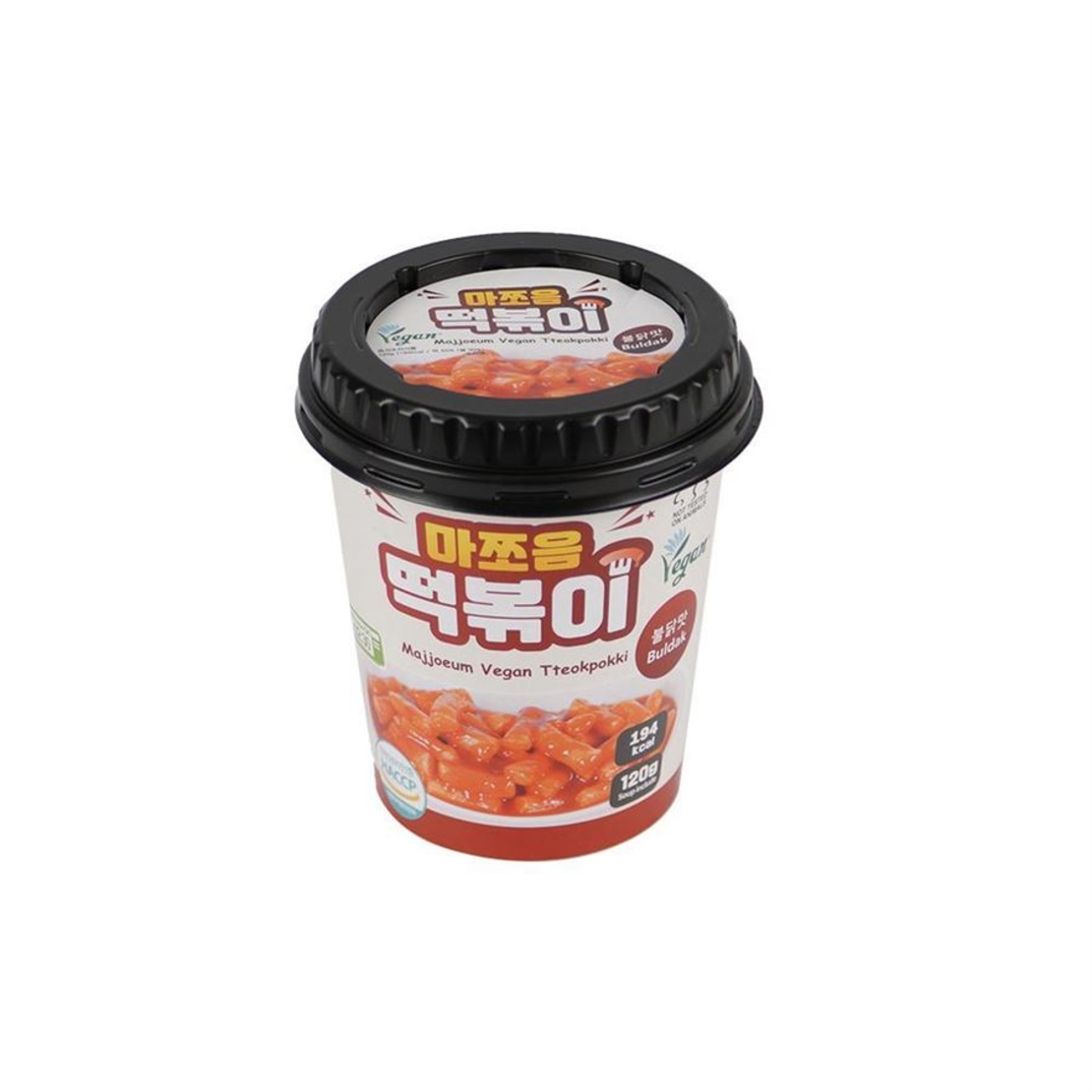 MAJJOEUM VEGAN TTEOKPOKKI BULDAK  120GR - בצקניות אורז להכנה מהירה בתיבול קוריאני בולדק 120 גרם