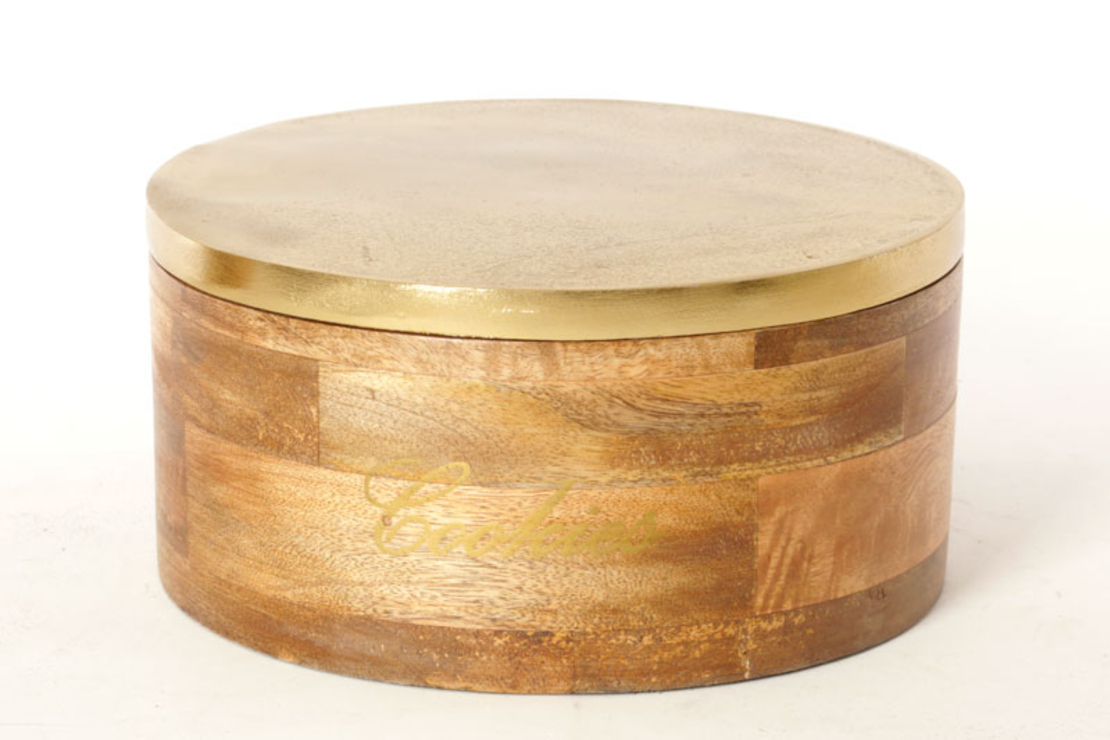 קופסה לעוגיות מעץ מנגו מכסה מתכת BRASS GOLD
