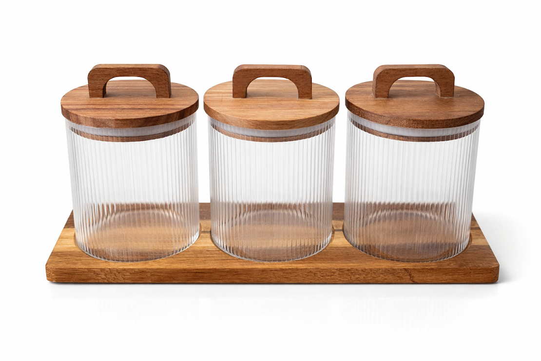 סט 3 צנצנות פסים זכוכית עם מכסה עץ