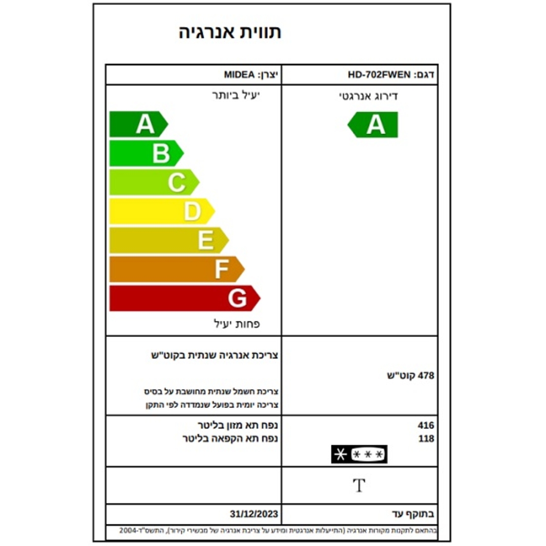 מקרר מקפיא עליון 534 ליטר נטו דגם HD-702FWEN מידאה Midea