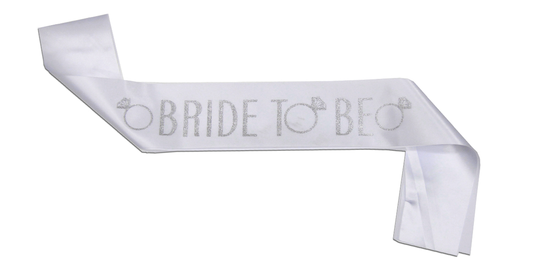 Bride sash - white satin, gold text
