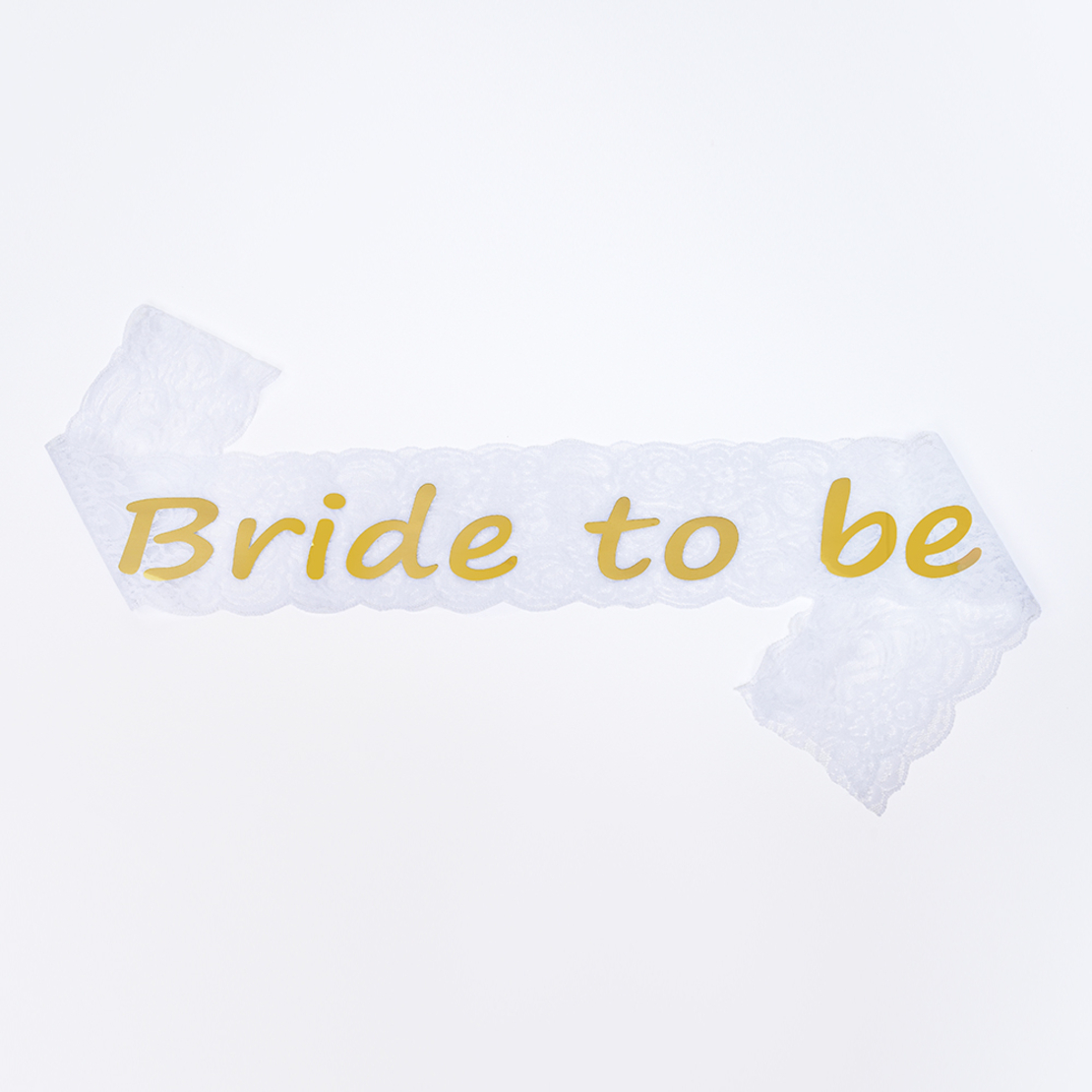 Bride sash - white lace, gold text