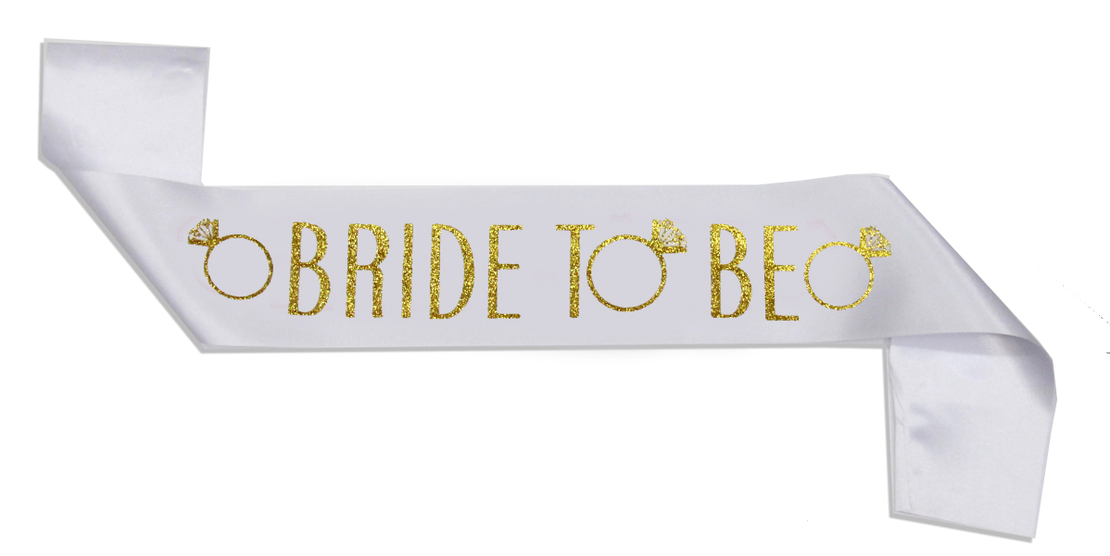 Bride sash - white satin, gold text