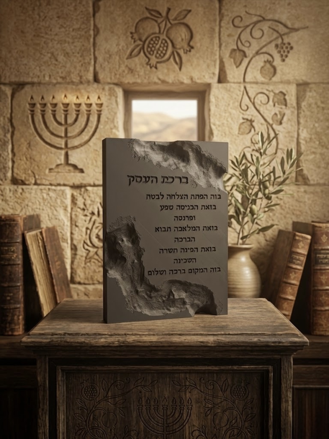 ברכת העסק מלבנית בדגם דמוי אבן עם שברים עמוקים