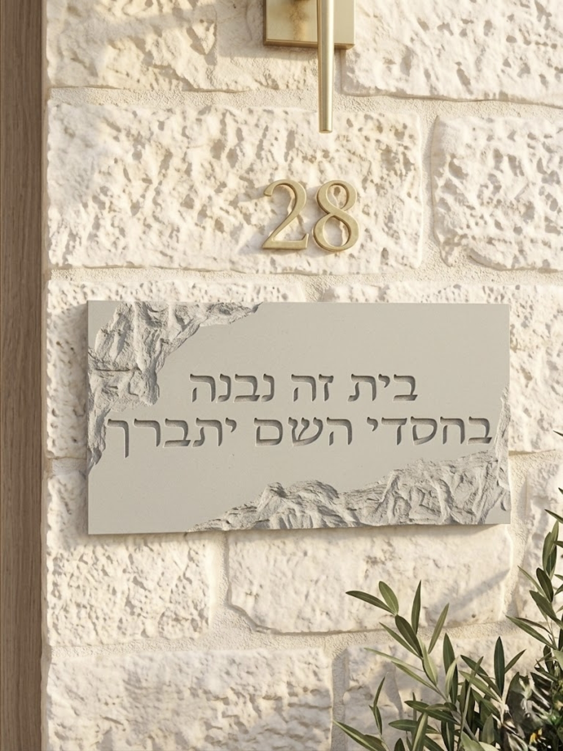 שלט “בית זה נבנה בחסדי השם יתברך” – דגם דמוי אבן