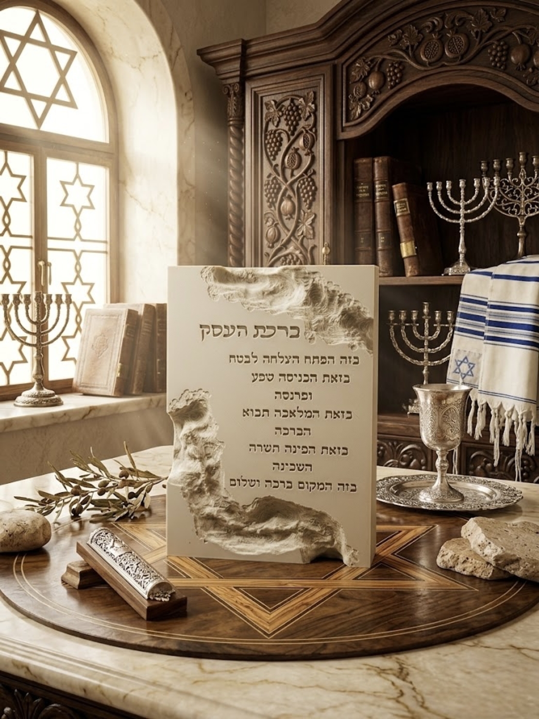 ברכת העסק מלבנית בדגם דמוי אבן עם שברים עמוקים