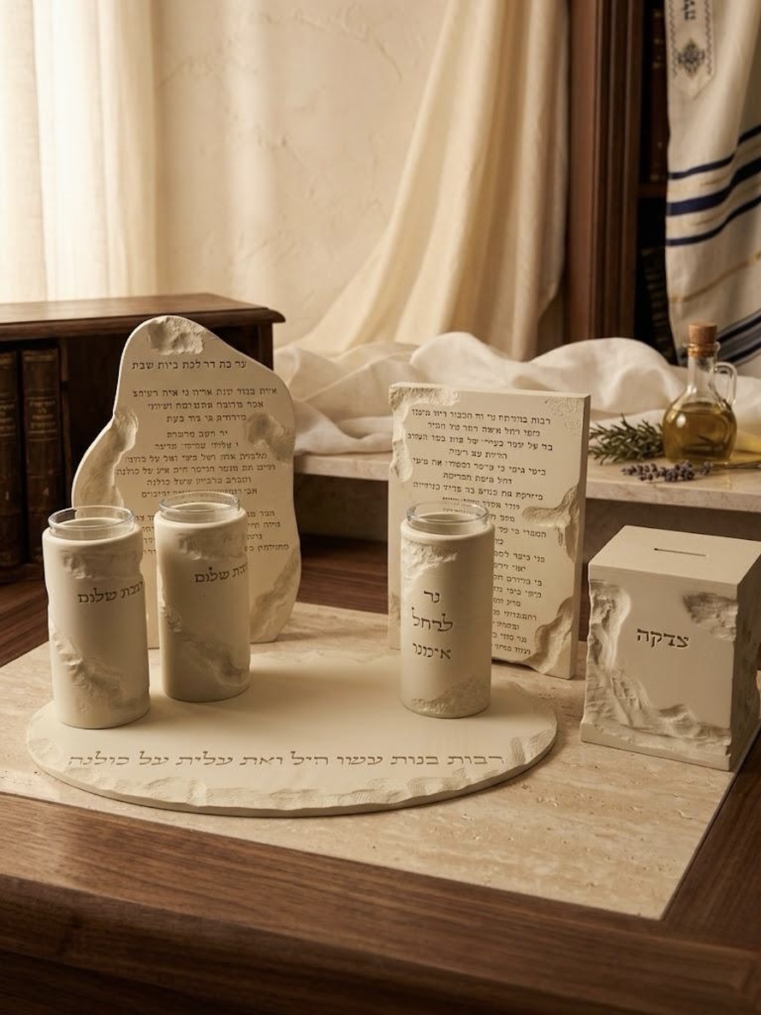 סט משולב רחל אימנו ונרות שבת דגם דמוי אבן