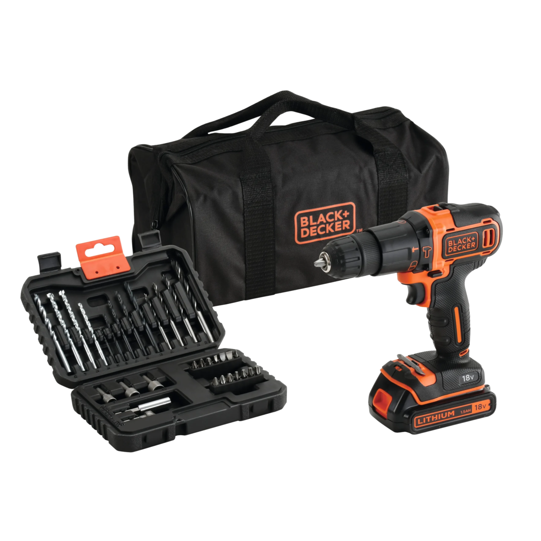 סט מקדחה דופקת+תיק+סט מקדחים BLACK & DECKER מדגם BDCHD18S32-QW