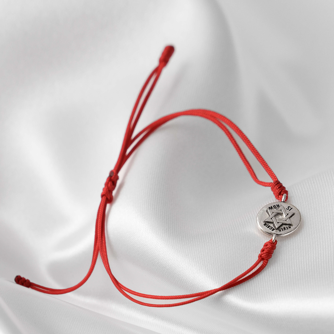 Red Cord Bracelet - 925 Sterling Silver - Never Again is Now