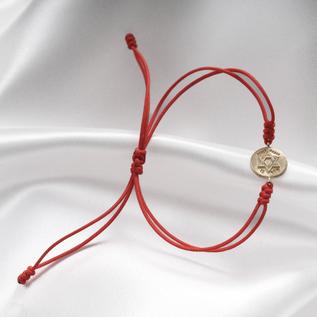 Red Cord Bracelet - 14k Yellow Gold - Never Again is Now