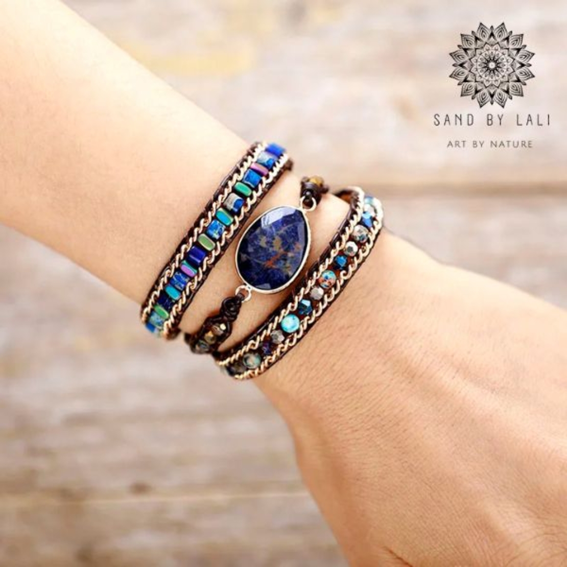 Handmade Blue Shade 3 Strands Leather Wrap Bracelet - Sodalite Crystal Beaded Cord Chain Bracelet