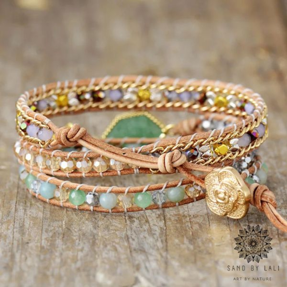 Handmade Creative Natural Stone Crystal Charm Leather Wrap Bracelet - Bohemian Spiritual Jewelry