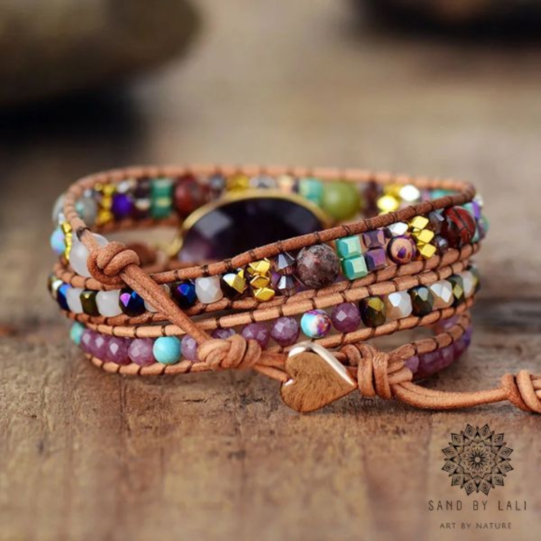 Triple-Layer Amethyst Leather Wrap Bracelet - Handmade Bohemian Statement Jewelry