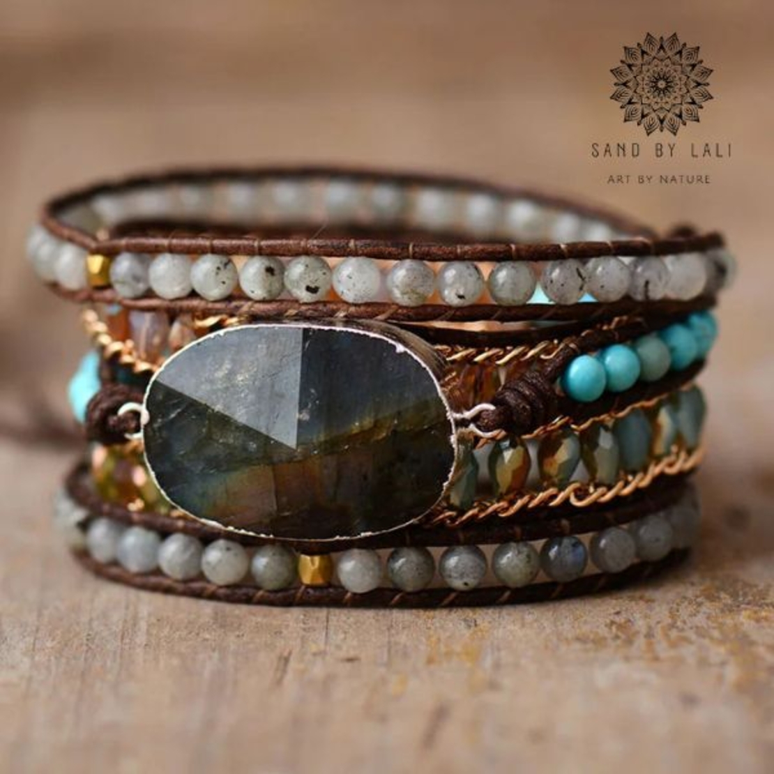 Sparkling 5-Strand Labradorite and Rhinestone Leather Wrap Bracelet - Handmade Bohemian Statement Jewelry