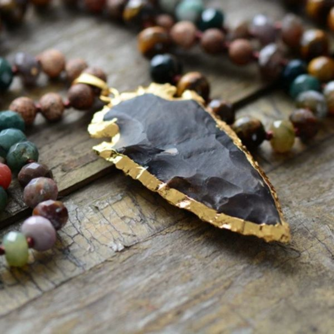 Luxurious Tiger Eye & Onyx Arrowhead Pendant Necklace - Handmade Boho Chic Jewelry for Women