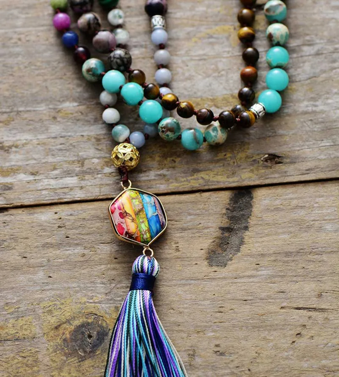 108 Bead Mala Necklace - Healing Natural Stone Spiritual Pendant for Meditation and Anxiety Relief