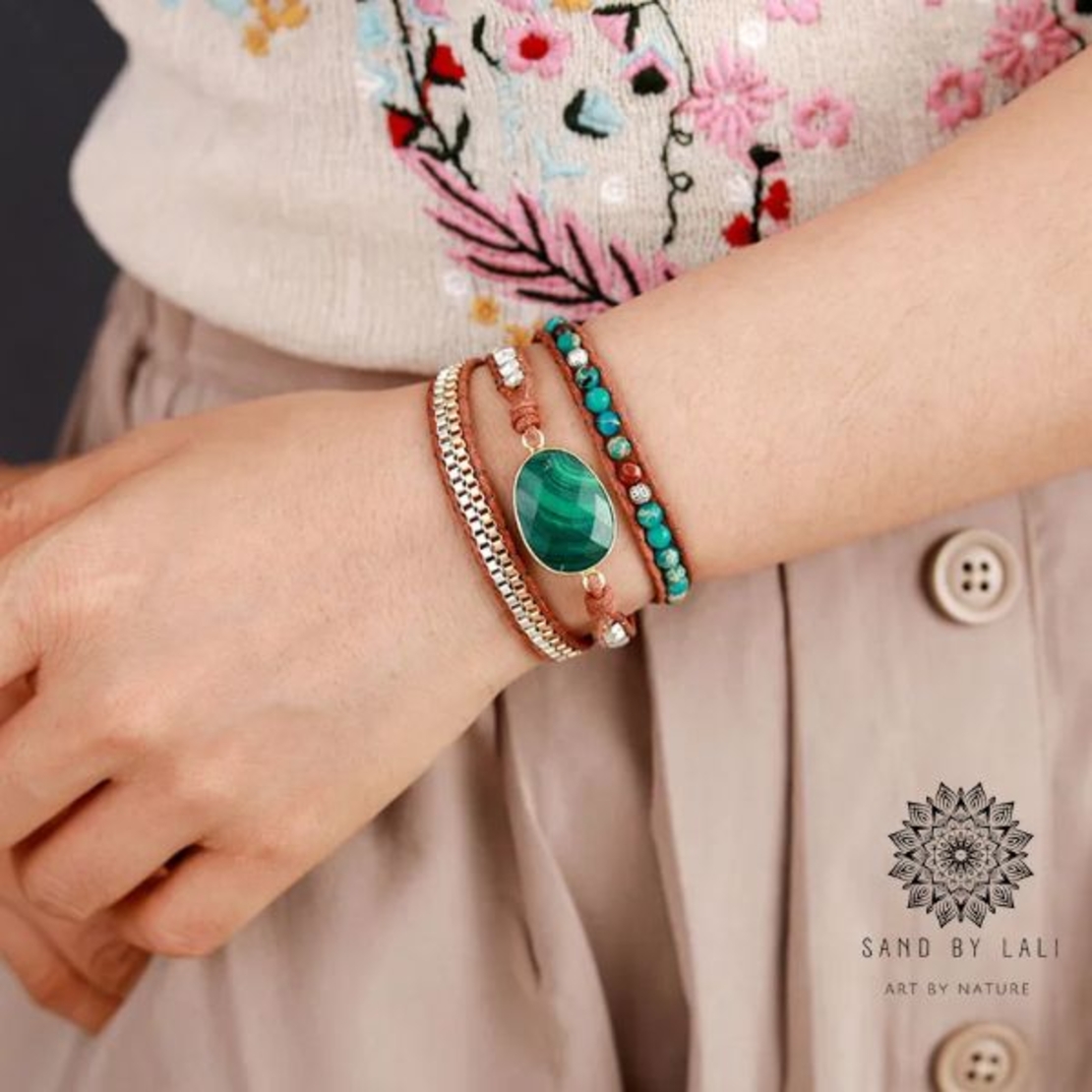 Ethnic Multi-Strand Malachite Leather Wrap Bracelet - Handmade Bohemian Jewelry