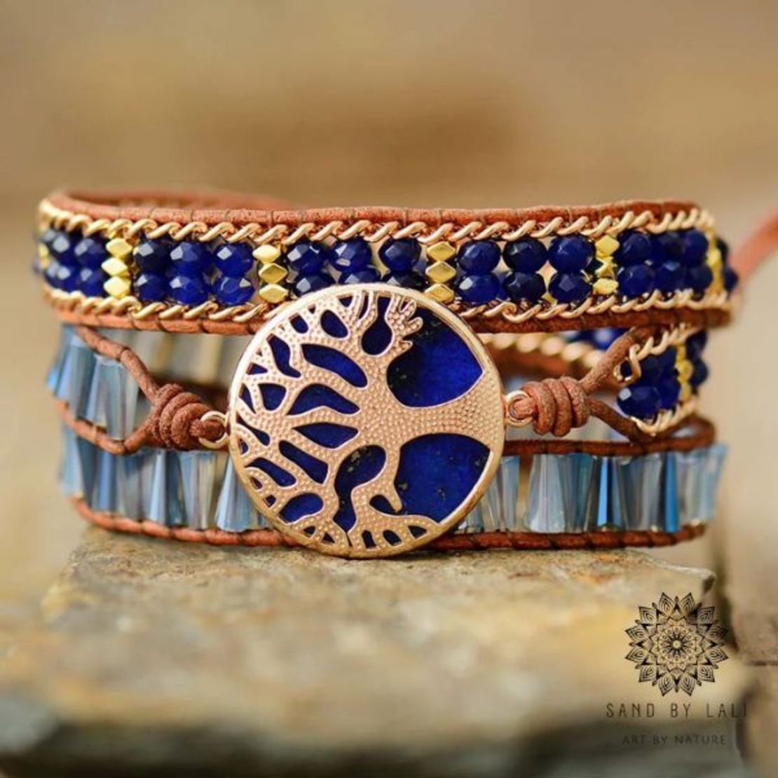 Elegant 3 Strand Tree of Life Charm Leather Wrap Bracelet - Handmade Beaded Bohemian Cuff