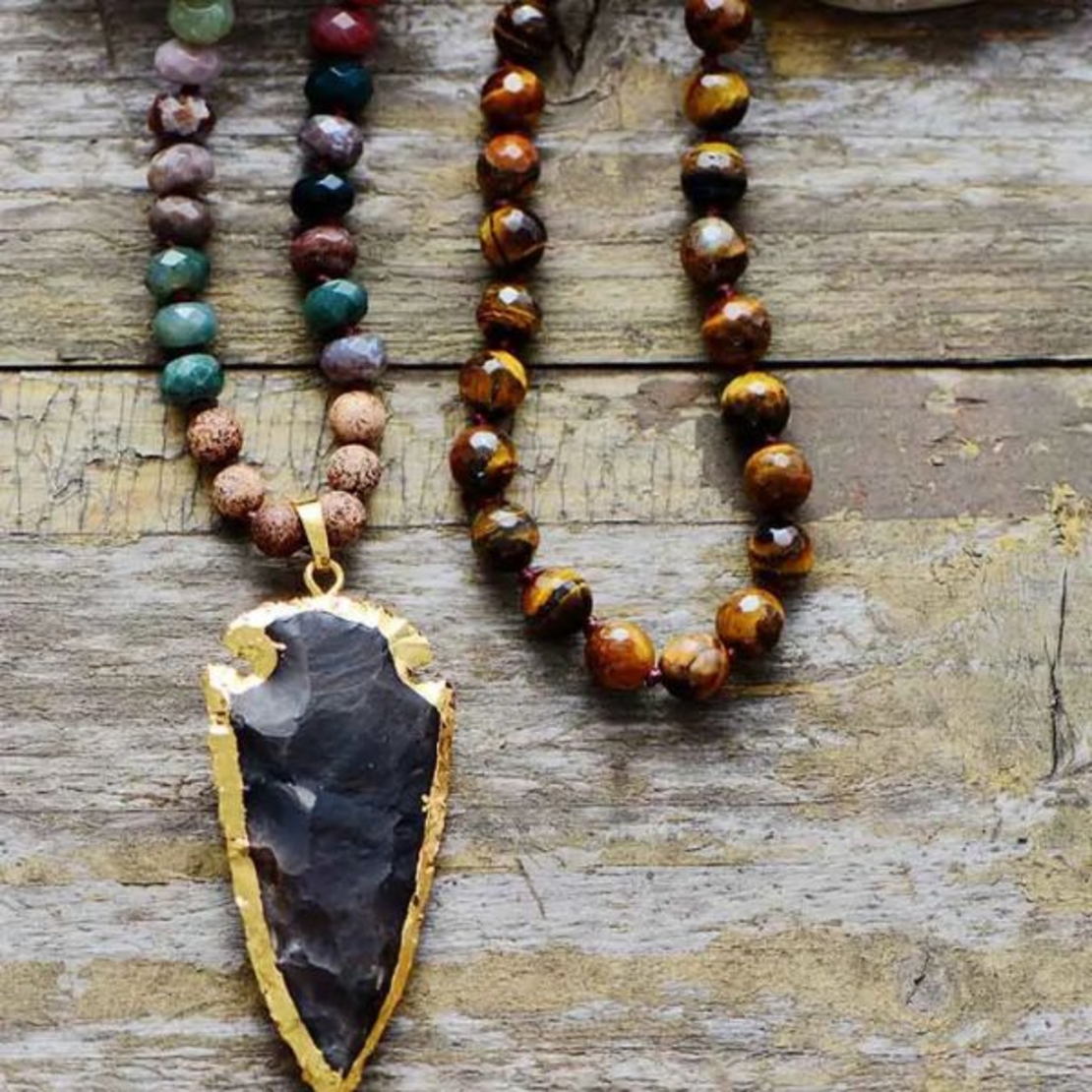 Luxurious Tiger Eye & Onyx Arrowhead Pendant Necklace - Handmade Boho Chic Jewelry for Women