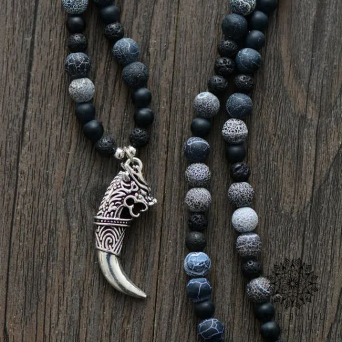 Men's Handmade Matte Onyx and Lava Stone Necklace with Antique Dragon Tusk Pendant - Steampunk Natural Stone Jewelry