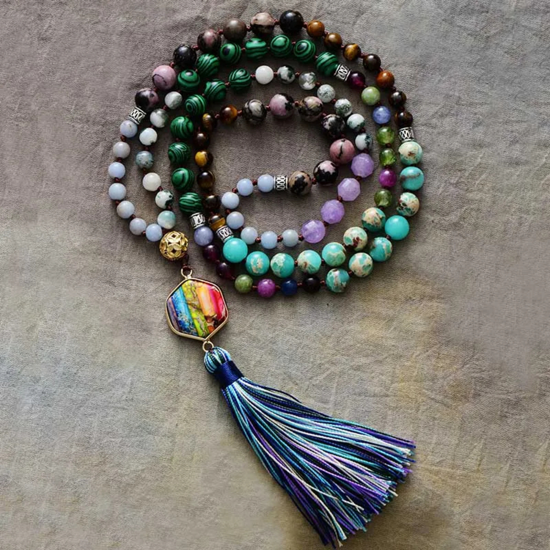 108 Bead Mala Necklace - Healing Natural Stone Spiritual Pendant for Meditation and Anxiety Relief