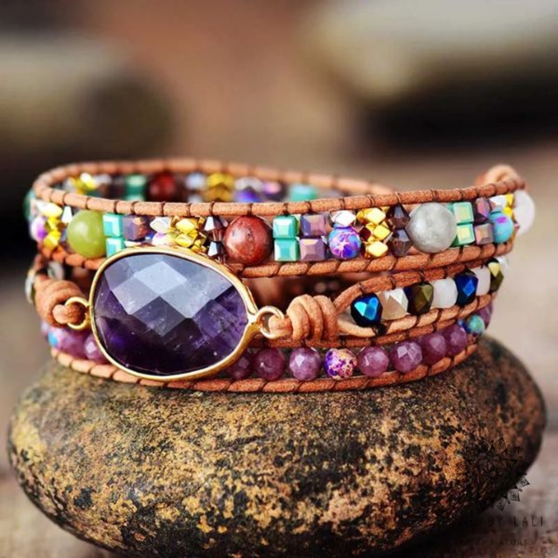 Triple-Layer Amethyst Leather Wrap Bracelet - Handmade Bohemian Statement Jewelry