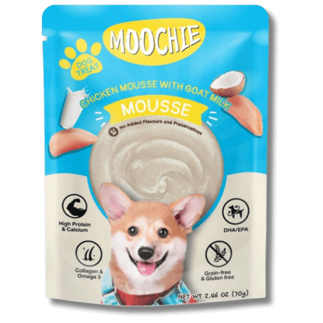 מוצ'י לכלב 70 ג' פטה עוף וחלב עיזים מוס Moochie