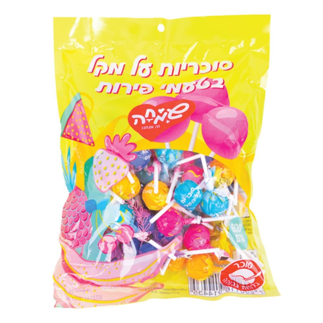 מארז סוכריות על מקל 12גר בטעמי פירות 50 יח' 600 גר' בשקית