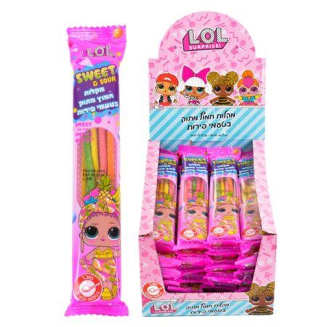 ממתק ליקריץ מקלות 35גר-בטעם פירות LOL בציפוי סוכר 24 יחי