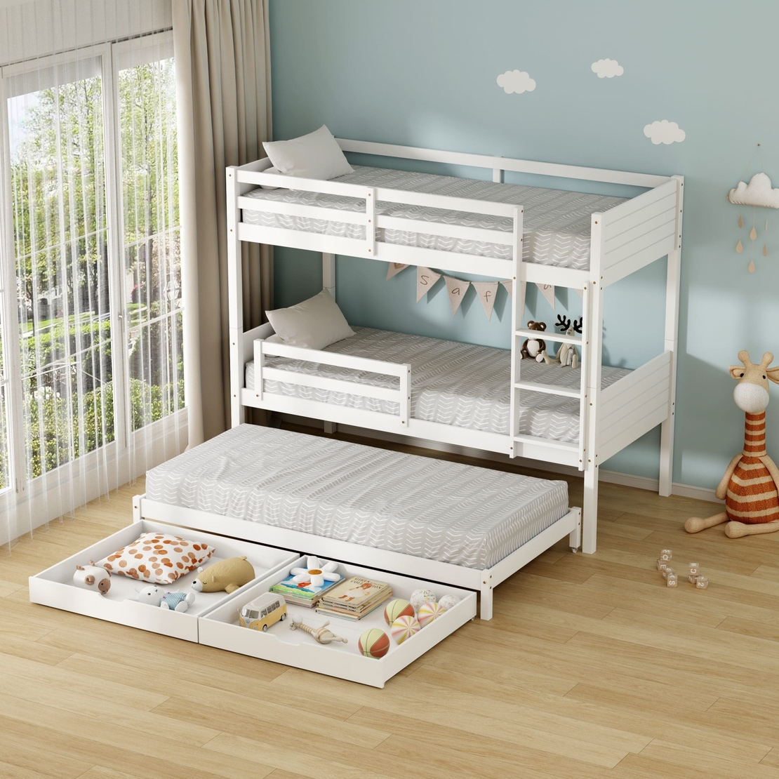 מיטת קומתיים מעץ מלא ואיכותי כולל מיטת חבר מגירות אחסון ו 3 מזרנים דגם אוליבר