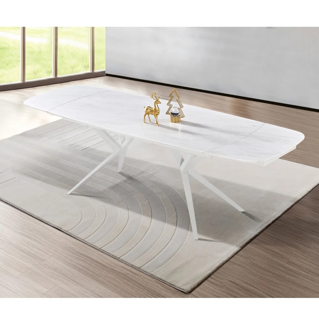 שולחן אוכל אבן קרמית באורך 1.6 מ' נפתח ל- 2.4 מ' עם רגלי ברזל דגם אוליבר