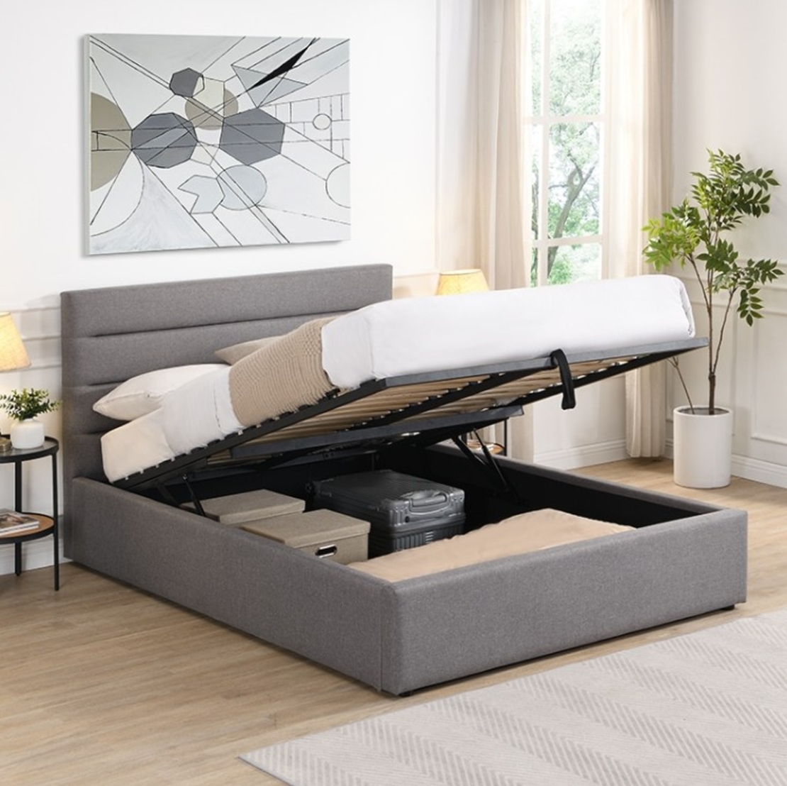 מיטה זוגית מעוצבת בריפוד בד רחיץ עם ארגז מצעים 200×160 דגם סרה SERRA אפור