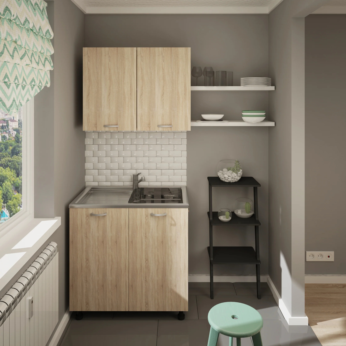 ארונות מטבח מודרני ברוחב 80 כולל כיור נירוסטה דגם מליבו Malibu אלון