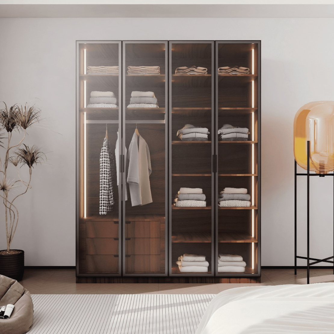 ארון בגדים 4 דלתות זכוכית עם תאורת LED דגם קופנהגן חום כהה | מבית WOODY