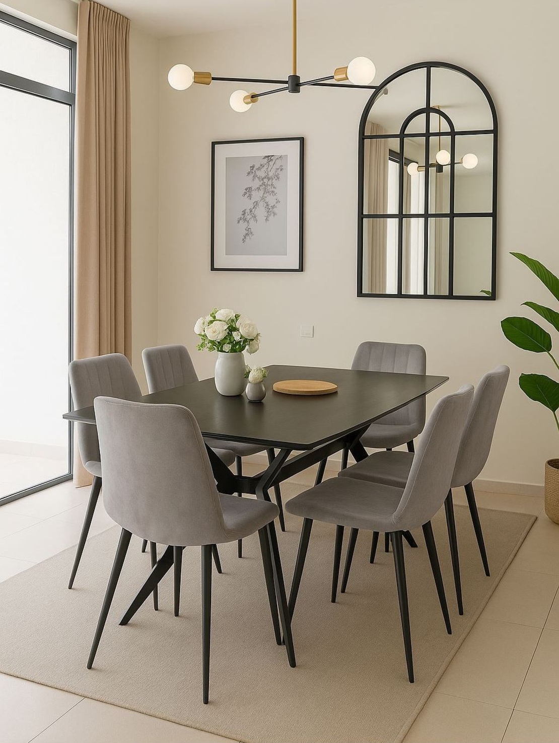 פינת אוכל מקרמיקה דגם טוסקנה 140X80 עם 6 כיסאות קטיפה בגוון אפור בהיר דגם ריביירה