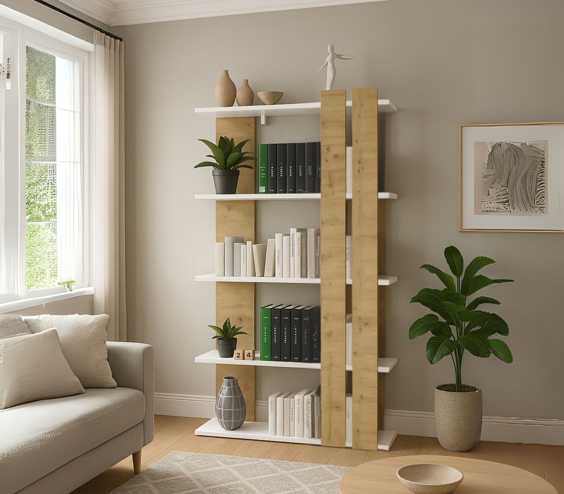 כוננית ספריה מעוצבת 5 מדפים בגוון לבן בשילוב אלון דגם נופר