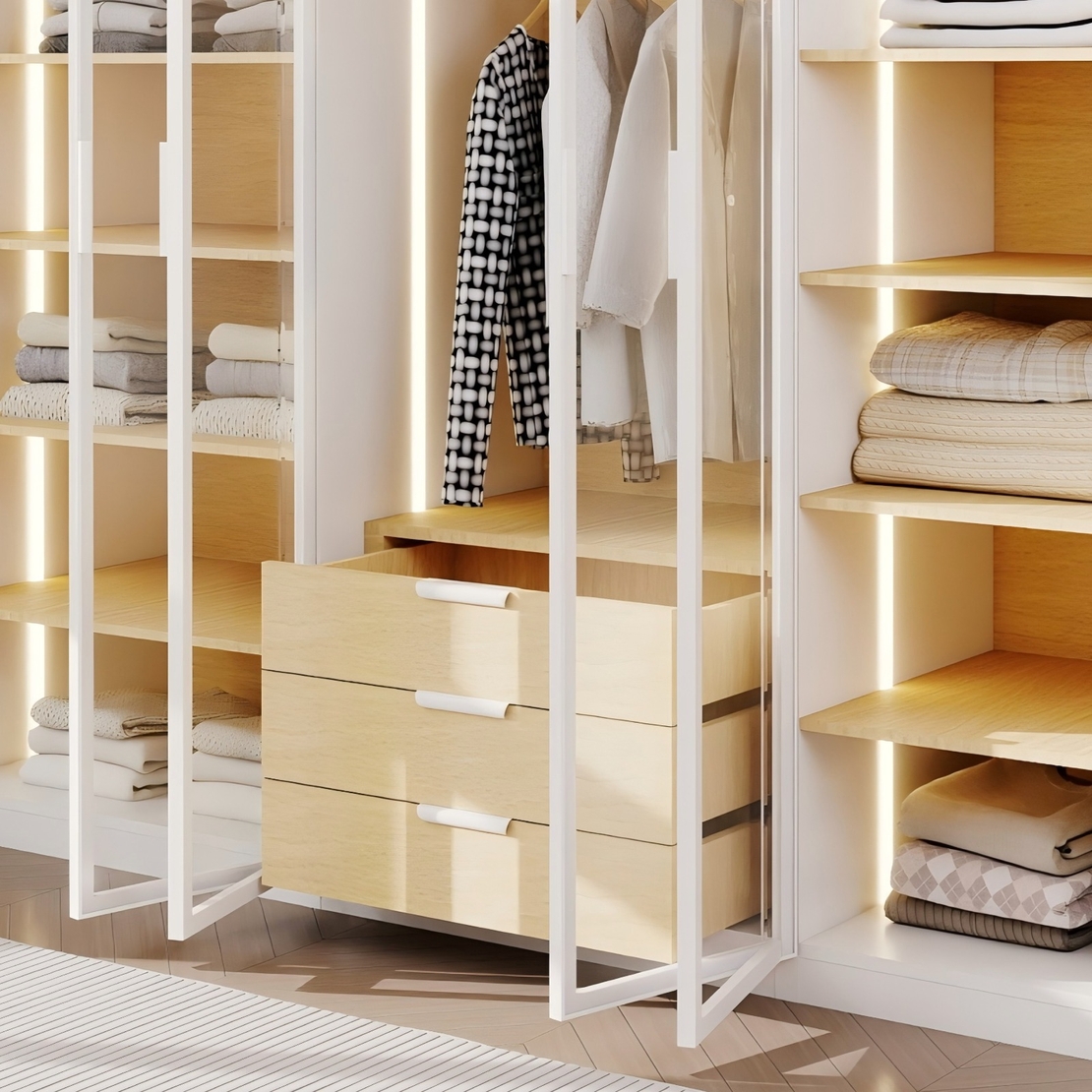 ארון בגדים 6 דלתות זכוכית עם תאורת LED דגם קופנהגן לבן משולב עץ טבעי | מבית WOODY