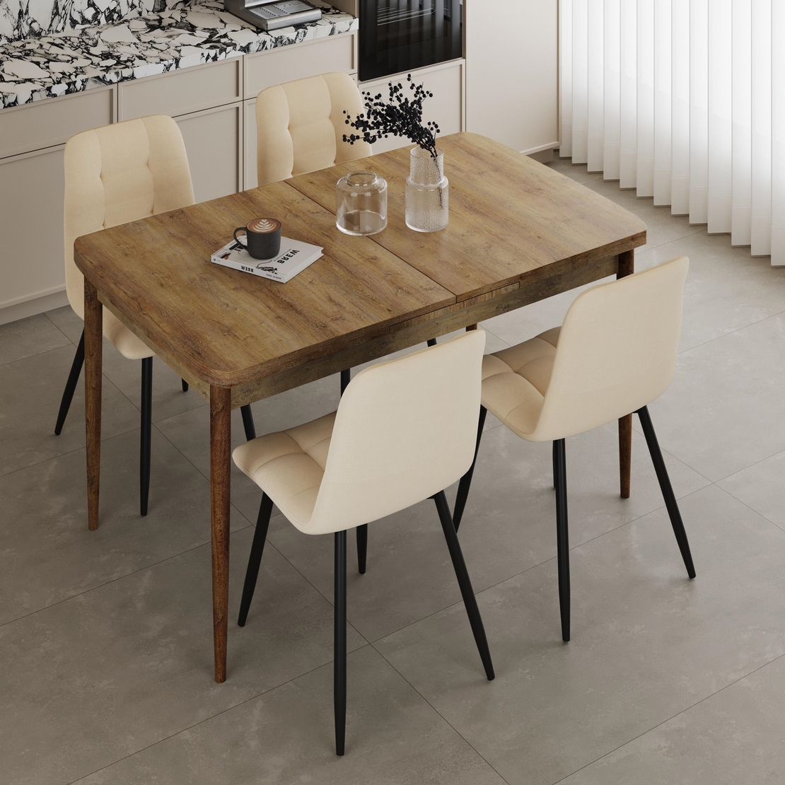 פינת אוכל מלבנית נפתחת מעץ איכותי כולל 4 כסאות דגם מלטה