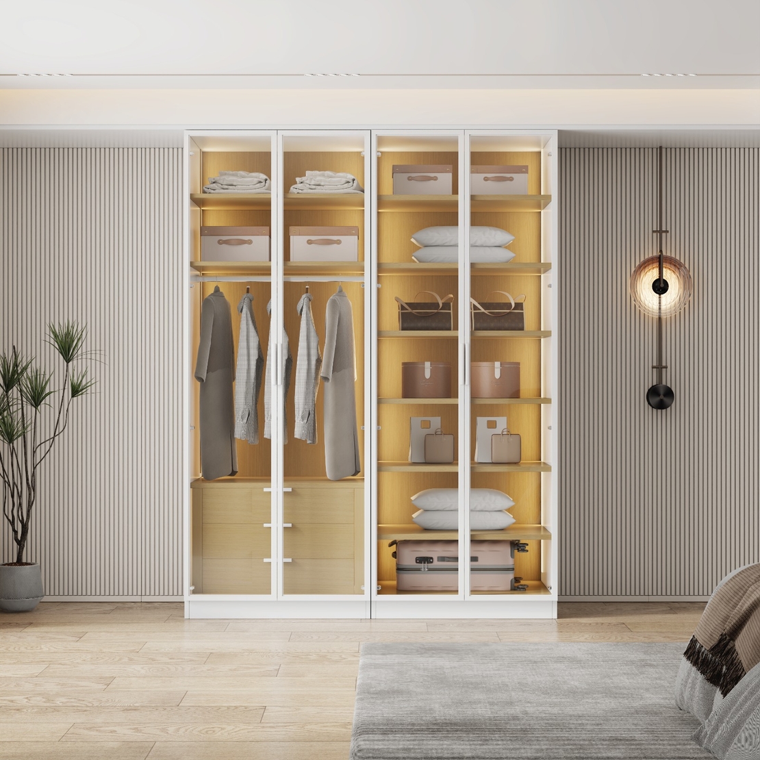 ארון בגדים 4 דלתות זכוכית עם תאורת LED רוחב 160 סדרת איטליה דגם פיזה לבן משולב עץ טבעי | מבית WOODY