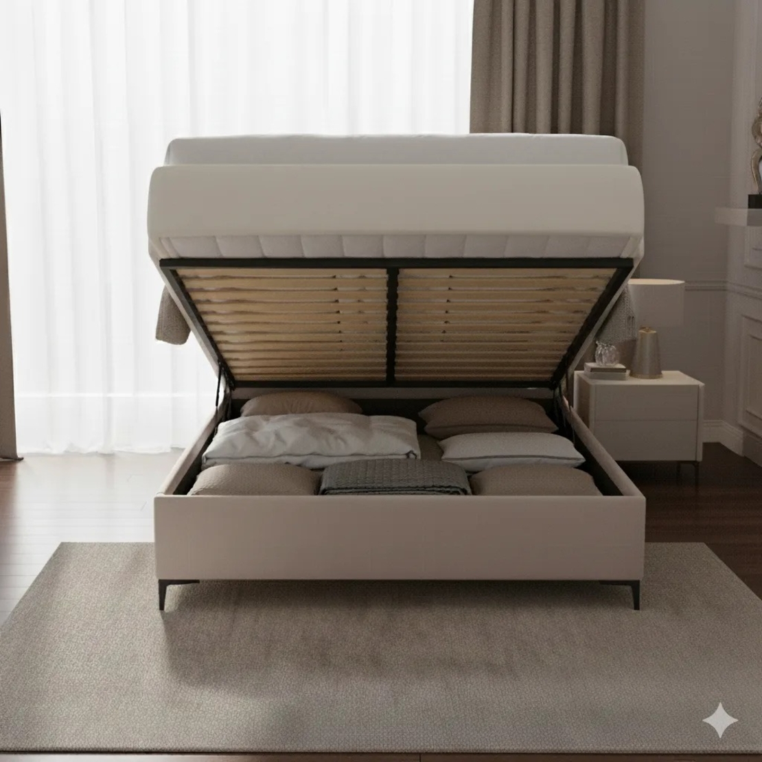 מיטה זוגית מעוצבת ריפוד בד רחיץ עם ארגז מצעים מעץ דגם זואי אבן