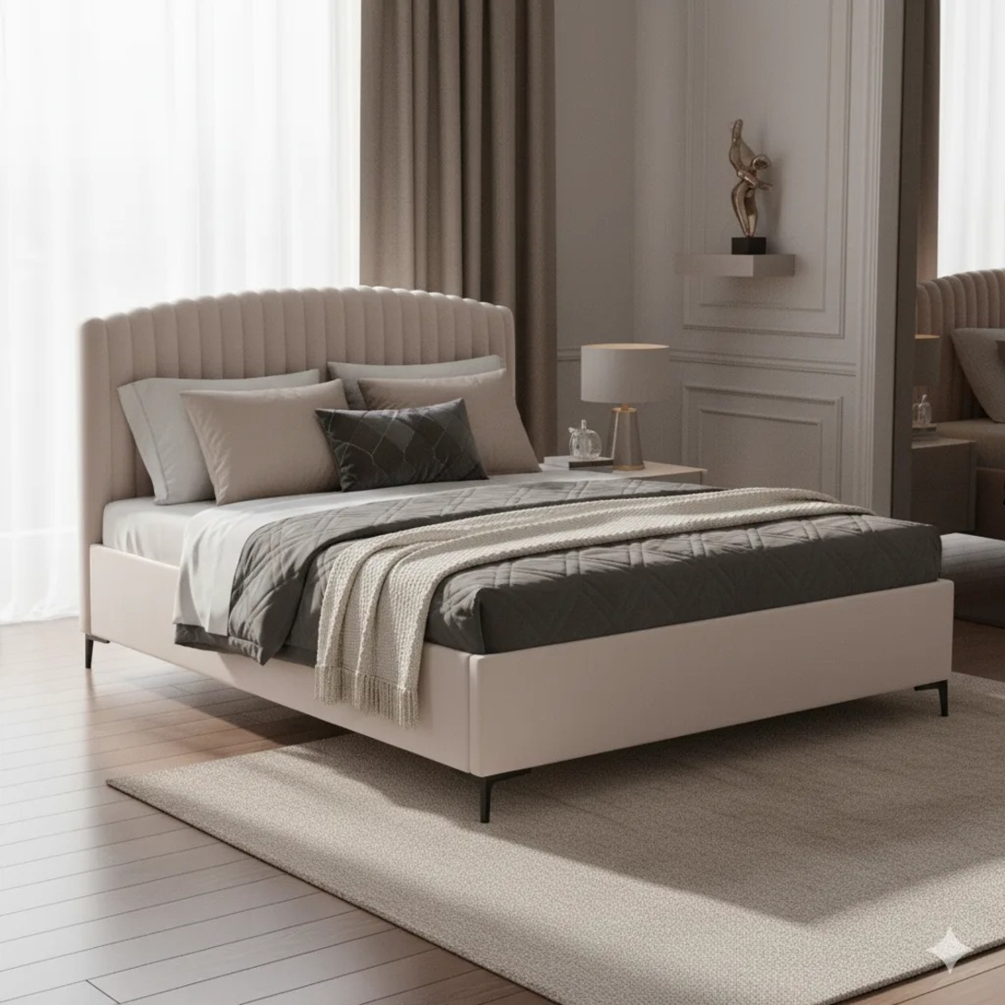 מיטה זוגית מעוצבת ריפוד בד רחיץ עם ארגז מצעים מעץ דגם זואי אבן