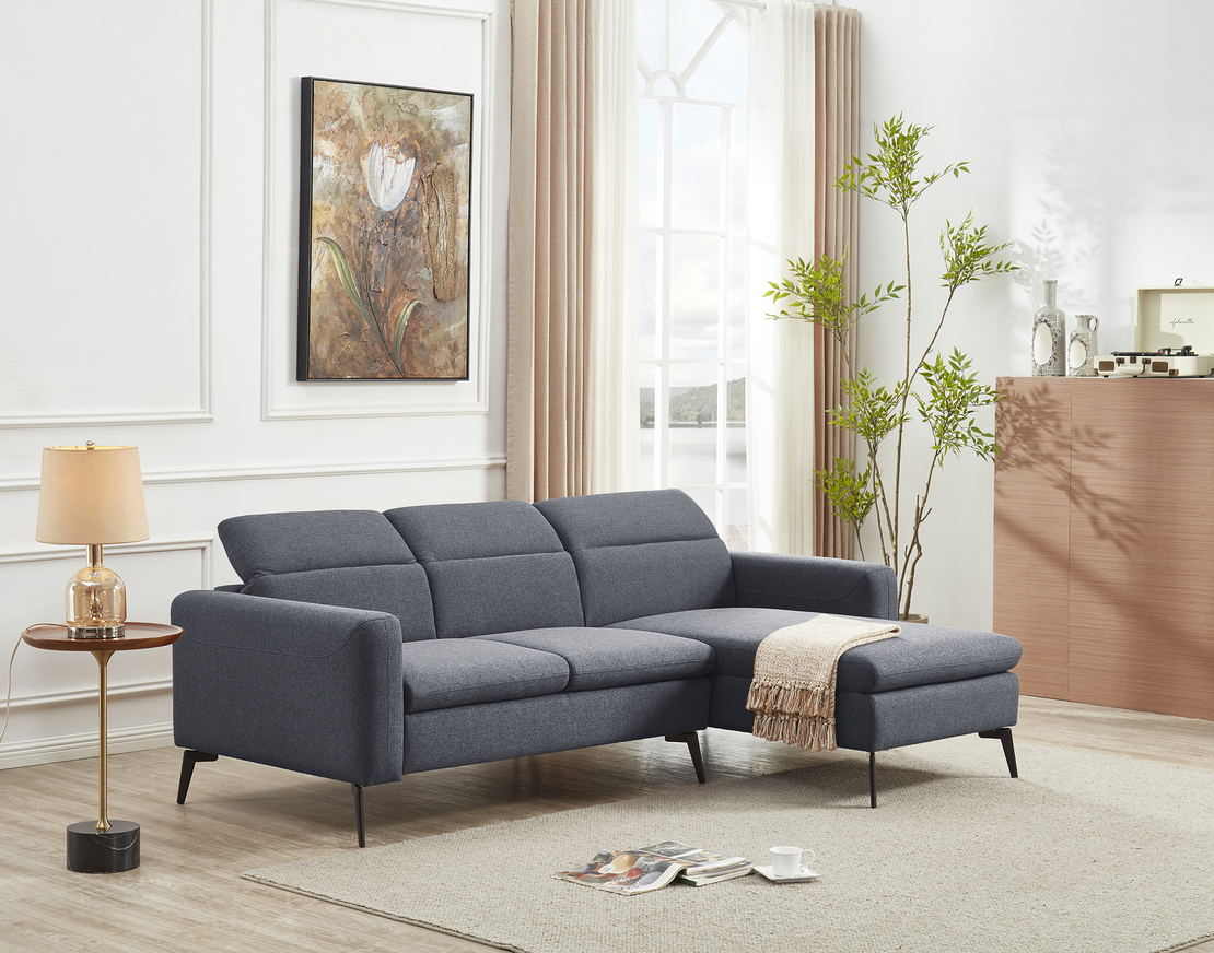 ספה פינתית מודולרית עם ריקליינר ראש מבד אריג רחיץ דוחה כתמים דגם צ’לסי אפור