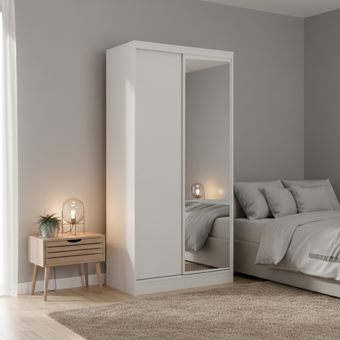 ארון הזזה 2 דלתות 100×220 מראה צד ימין דגם מיאמי Miami לבן | מבית WOODY