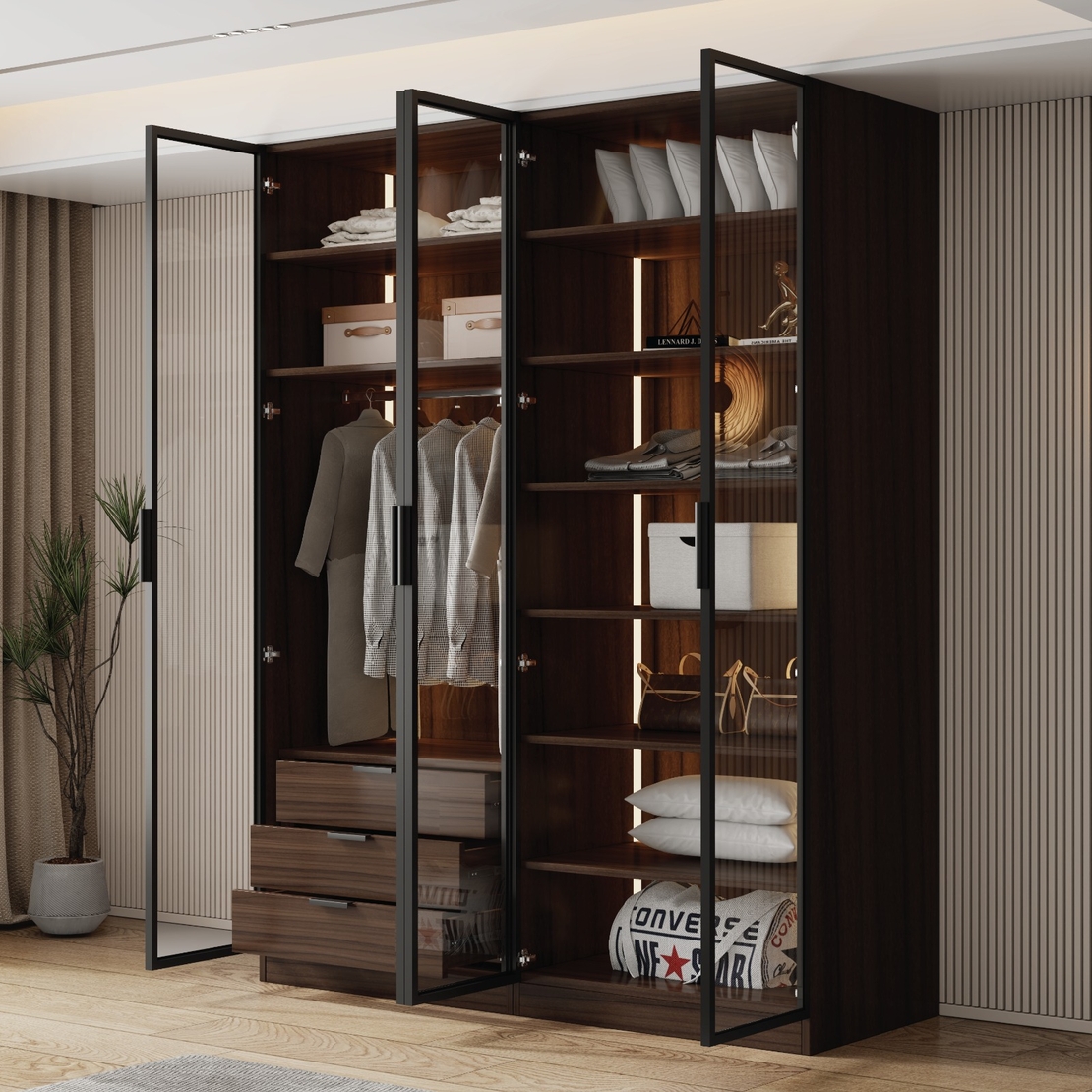 ארון בגדים 4 דלתות זכוכית עם תאורת LED רוחב 160 סדרת איטליה דגם פיזה חום כהה | מבית WOODY