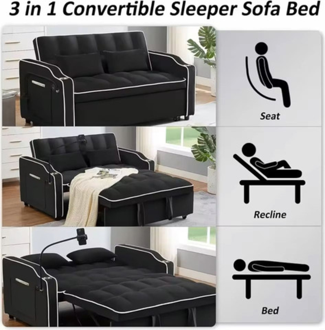 ספה נפתחת למיטה זוגית עם טעינת USB דגם לאציו LAZIO-2 שחור