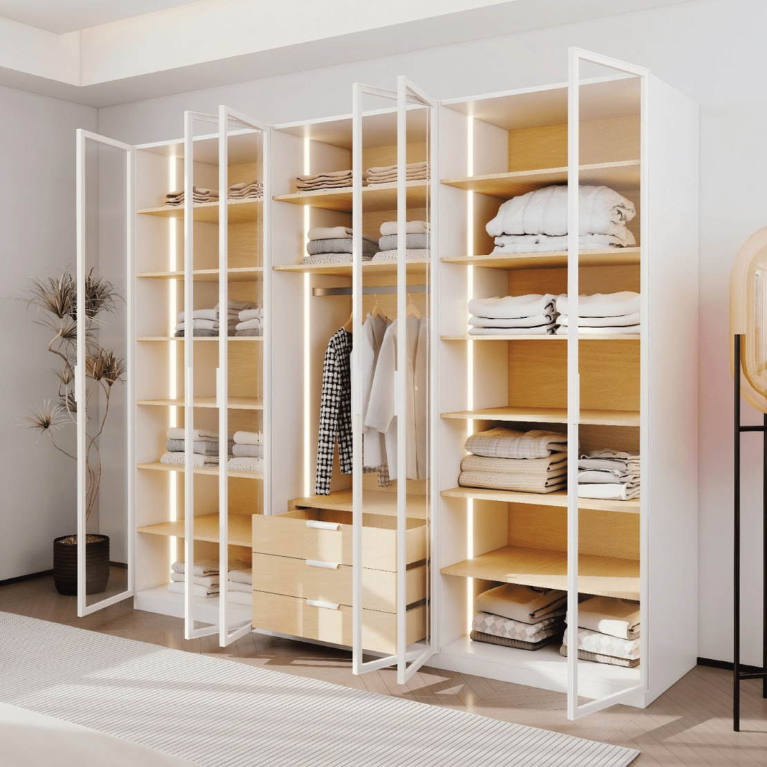 ארון בגדים 6 דלתות זכוכית עם תאורת LED דגם קופנהגן לבן משולב עץ טבעי | מבית WOODY
