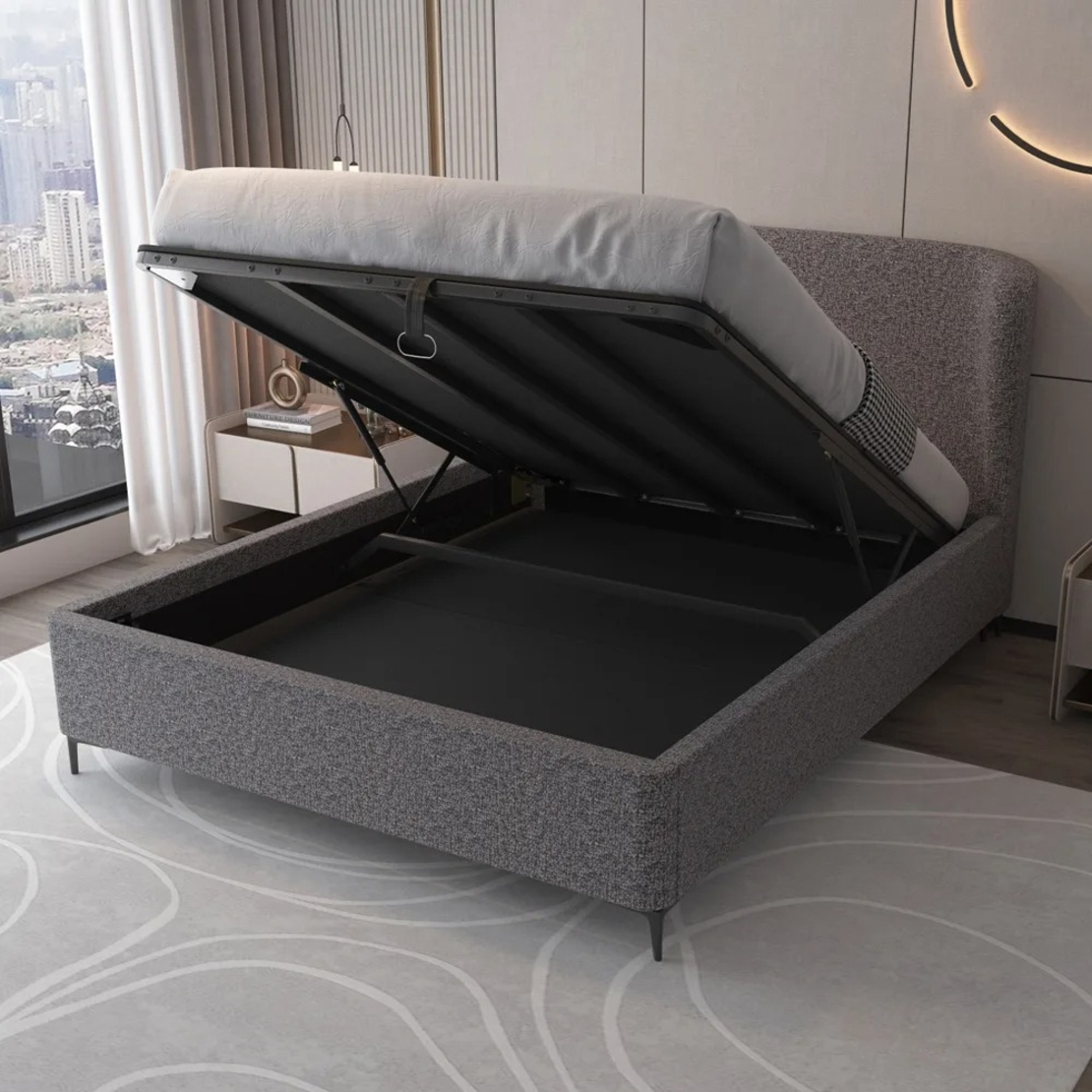 מיטה זוגית מעוצבת ריפוד בד בוקלה עם ארגז מצעים מעץ דגם בובה אפור